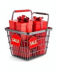 A shopping basket filled with festive gifts, tagged with sale labels, perfect for holiday marketing and promotions.