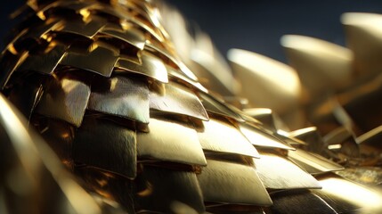 Golden, metallic, overlapping scales. Close-up, architectural detail