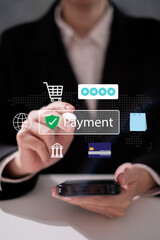 Shopping online at home with digital payment banking transfer money pay successful credit card finance lifestyle technology concept