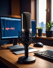 A modern microphone setup on a wooden desk, perfect for podcasting, recording, or streaming in a cozy room.