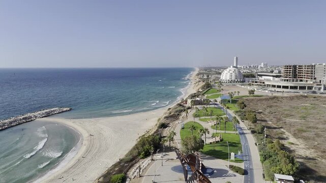 Aerial drone footage of Ashkelon beach in Israel