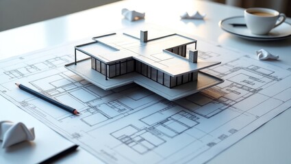 Architectural model of a modern house on blueprints.