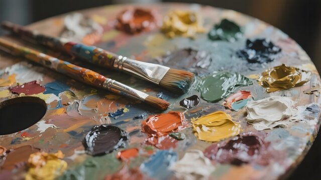 Artist's Palette with Paint Brushes and Mixed Colors