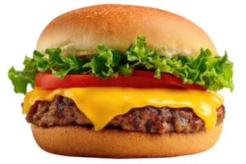 Classic cheeseburger.  Freshly prepared, delicious-looking burger, topped with melted cheese, lettuce, and tomato, situated between a toasted bun