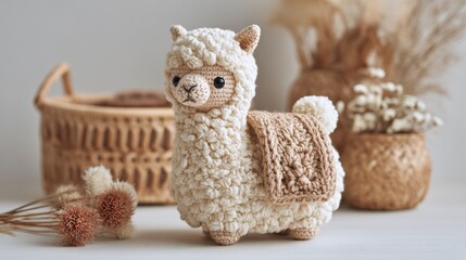 Handcrafted crochet alpaca toy with cozy textures and neutral decor