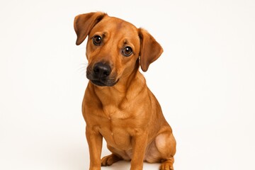 Obraz premium Captivating close-up portrait of an adorable brown mixed-breed dog with charming floppy ears, looking directly at the camera with an endearing head tilt against a clean white studio background.