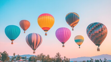 Naklejka premium Colorful hot air balloons soar in a pastel sky