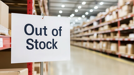 Warehouse shelves display an "Out of Stock" sign. Depicts inventory issues and supply chain challenges in a storage facility.