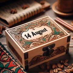 14 august written on wooden box Emblem of Independence Day.