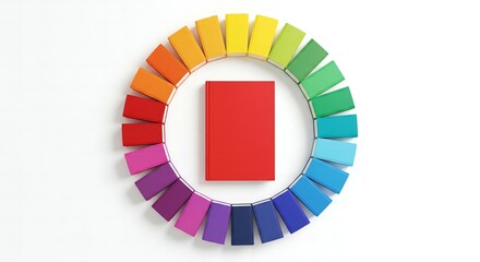 Obraz premium An eye-catching, colorful flat lay of a blank, white book on a white background, surrounded by a perfect, circular, rainbow gradient of colored pencils.