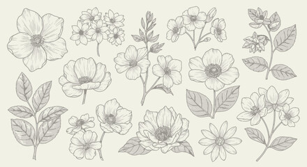 Minimalist Line Art Vector SVG Floral Pattern with Hand-Drawn Flower Elements in Black and White Style