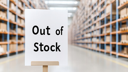 Out of Stock: A sign declares product scarcity against a backdrop of filled warehouse shelves, highlighting supply chain issues and inventory challenges.