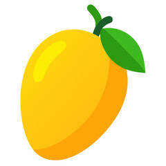 A simple vibrant flat icon of a ripe yellow mango with a green leaf and stem on a black background