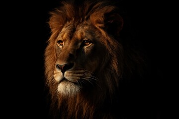 Naklejka premium Stunning portrait of a majestic male lion with a powerful gaze, emerging from the shadows on a black background.