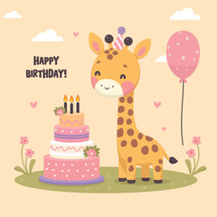 Cute Giraffe Birthday Postcard with Cake and Balloon