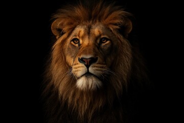 Fototapeta premium Majestic Lion's Intense Gaze A Portrait of Wild Majesty Against a Dramatic Dark Background