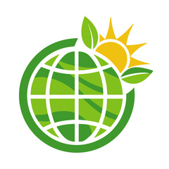 Stylized green globe with sun and leaves symbolizing environmental protection and renewable energy