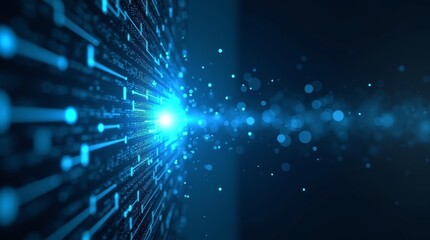 Cyber data breach with neon blue particles on dark background