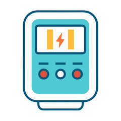 Flat design illustration of a portable electronic device with a digital display showing a lightning bolt symbol