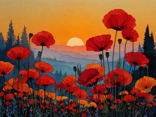 Fototapeta premium Depict a vibrant, blooming field of poppies under a golden sunrise in a whimsical countryside - watercolor