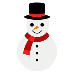 A cheerful cartoon snowman wearing a black top hat and a red scarf with three black buttons