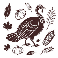 Thanksgiving illustration with turkey and autumn elements isolated on white background