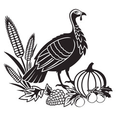 Thanksgiving turkey with corn and pumpkin isolated on white background