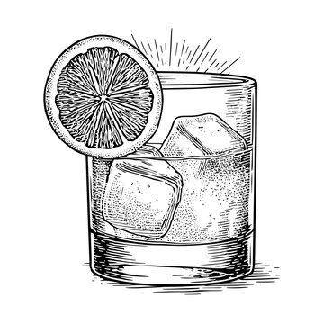 Old-fashioned glass with ice cubes and orange slice illustration  