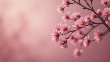 Obraz premium The image features a close-up of delicate pink cherry blossoms on a branch against a soft, blurred pink background, symbolizing spring and renewal.