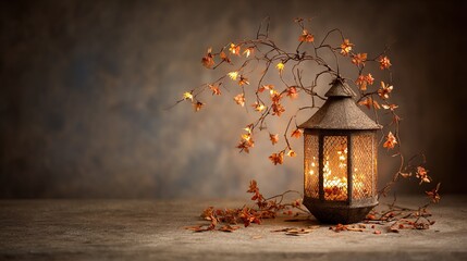Rustic lantern with glowing light and delicate autumn branches on a textured surface, creating a warm and serene seasonal still life composition