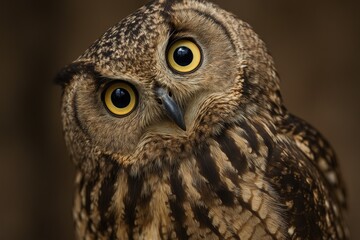 Detailed macro portrait of a majestic eagle-owl with a curious head tilt. This bird of prey has large, piercing yellow eyes and brown mottled feathers.