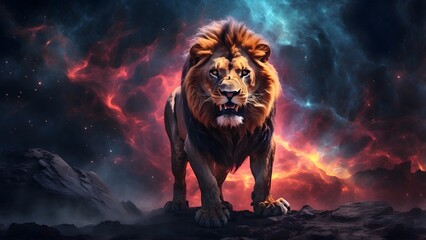 Naklejka premium A glowing nebula resembling a roaring lion in the void..Cinematic theme, HDR, Vibrant