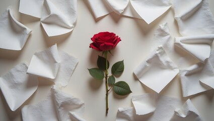 A vibrant red rose stands tall amidst a scattered array of crumpled white tissues, symbolizing love and beauty emerging from sorrow or chaos.