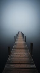 Obraz premium A beautiful and moody photorealistic image of a path that is a narrow, wooden pier, leading out over a vast, dark, and foggy lake.
