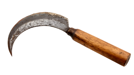 Close-up of a vintage rusty sickle with a wooden handle isolated on transparent background for agricultural use