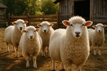 Obraz premium Flock of Sheep Grazing in a Rural Setting A Close-Up View of Livestock on a Farm