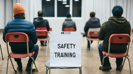 Safety Training Session: A group attends, focusing on safety information in a classroom setting, promoting workplace safety and awareness.