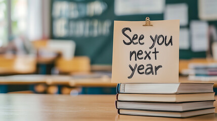 End of school year message on a note. Stack of books on a desk with a green chalkboard in the background, signaling the summer break is coming soon.