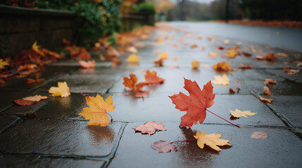 Obraz premium Fallen Autumn Leaves on a Quiet Cobblestone Street
