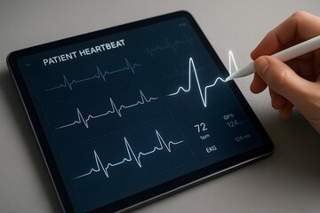 Medical professional interacts with an electronic tablet, displaying a patient's heartbeat. 