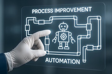 A finger touching a digital screen with a robot outline, symbolizing process improvement and automation. 