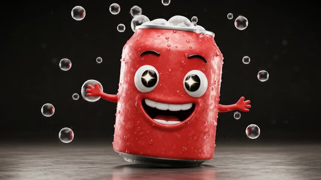 A cheerful cartoon soda can character surrounded by bubbles.