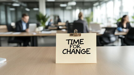Fototapeta premium Time For Change: A sign in a busy office setting. Symbolizes transformation and new opportunities in the workspace.