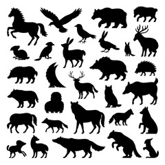 Naklejka premium Collection of diverse north American wildlife silhouettes isolated on transparent background silhouette.