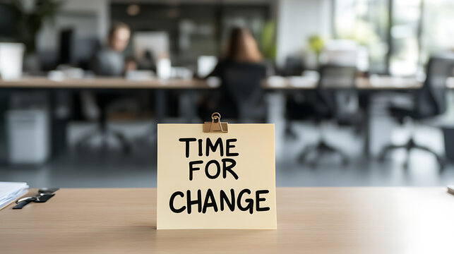 Office reminder: Time for change. A note on a desk signifies a need for transformation, growth, and embracing new opportunities in the workplace.