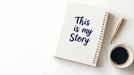 A notebook with a cover that says "This is my story", a pen, and a cup of black coffee rest on a white table, inviting creativity and reflection.