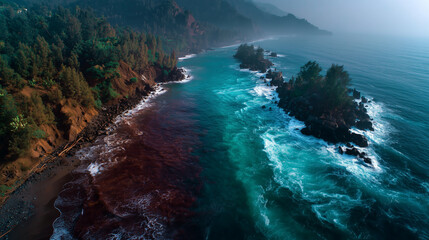 Top view , black ocean and purple ocean two color side in front of the island.