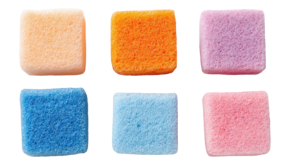 Close-up of six colorful square sponges.  Soft, textured, and various pastel shades