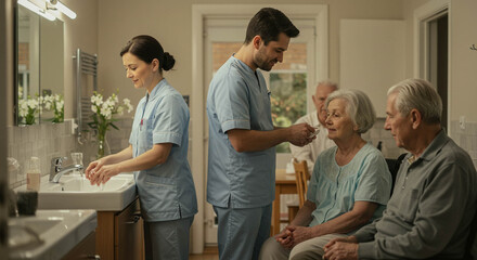 Fototapeta premium Nurse Washing Hands, Male Nurse Giving Medication to Senior Woman, Assisted Living