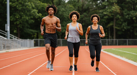 Fototapeta premium Three People Running on a Track, Athletic Training, Outdoor Fitness